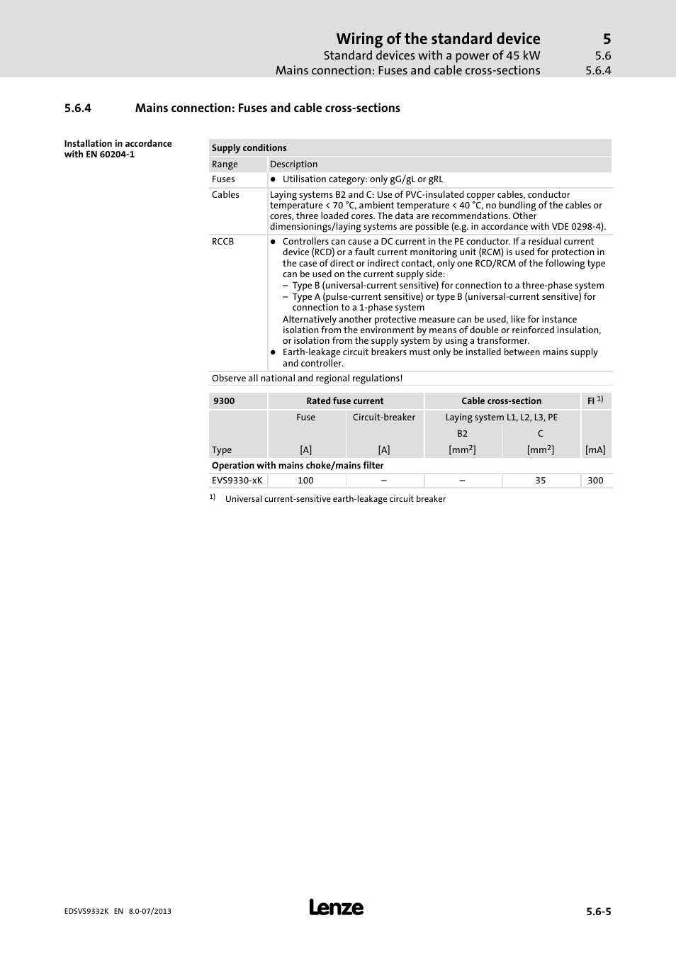 Mains connection: fuses and cable cross-sections, Mains connection: fuses and cable cross−sections, Wiring of the standard device | Lenze EVS9332xK User Manual | Page 125 / 467