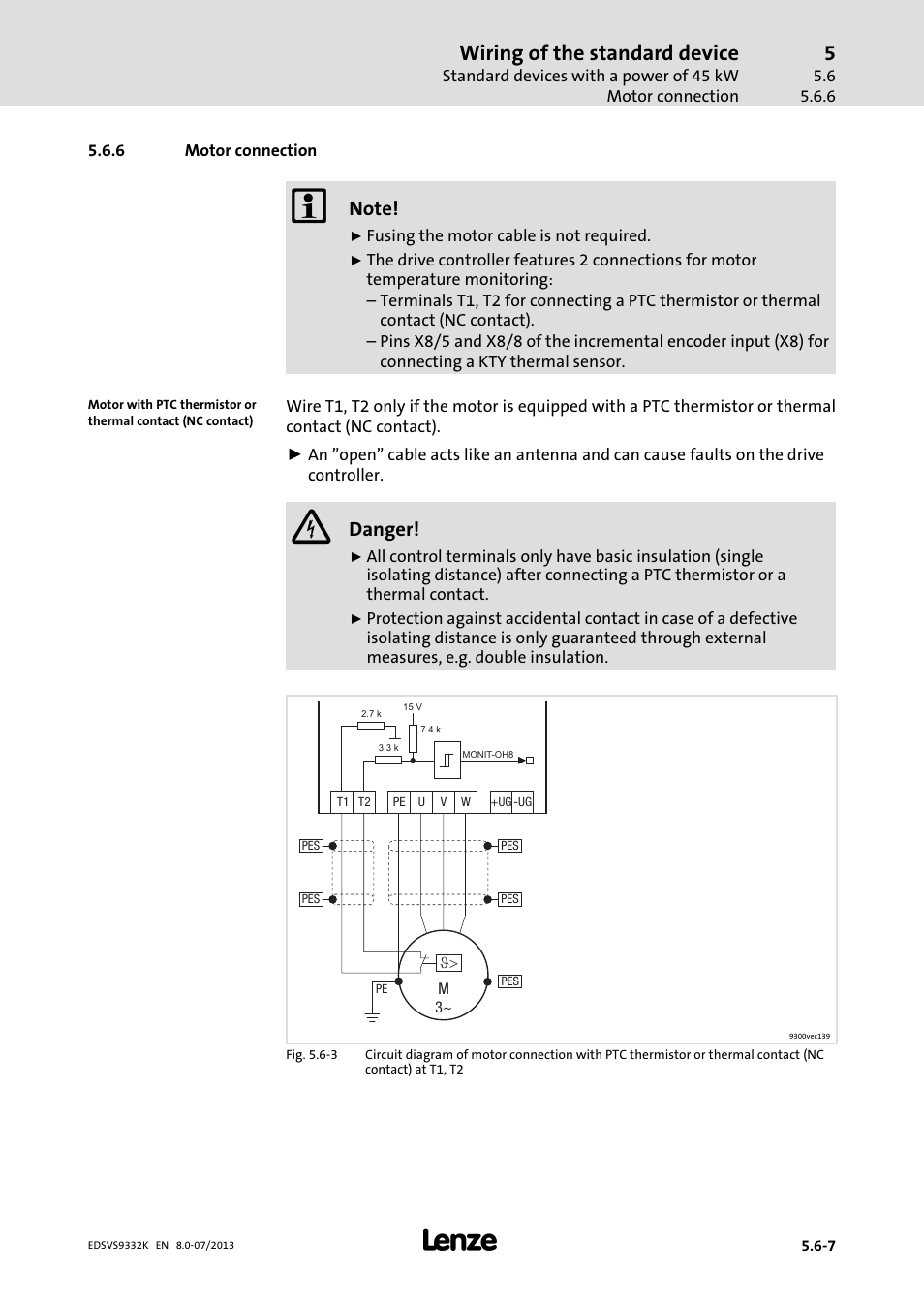 Motor connection, Wiring of the standard device, Danger | Lenze EVS9332xK User Manual | Page 127 / 467