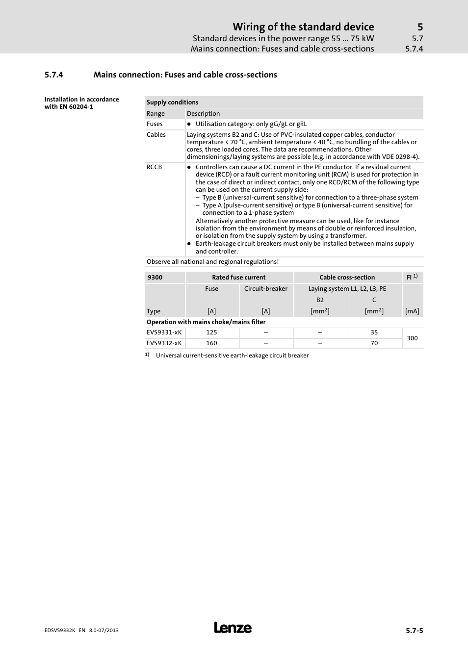 Mains connection: fuses and cable cross-sections, Mains connection: fuses and cable cross−sections, Wiring of the standard device | Lenze EVS9332xK User Manual | Page 135 / 467