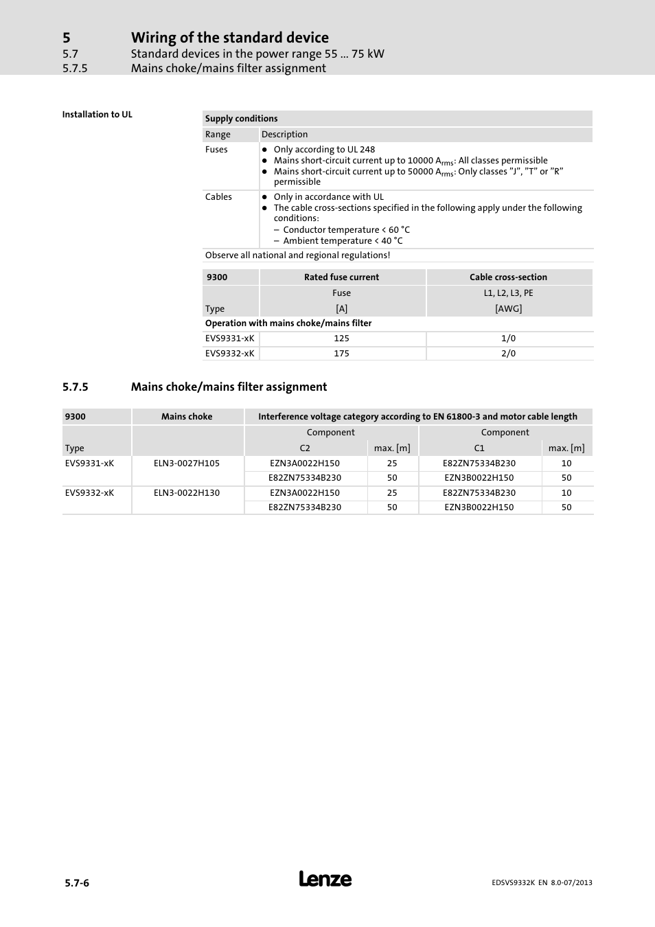 Mains choke/mains filter assignment, Wiring of the standard device | Lenze EVS9332xK User Manual | Page 136 / 467