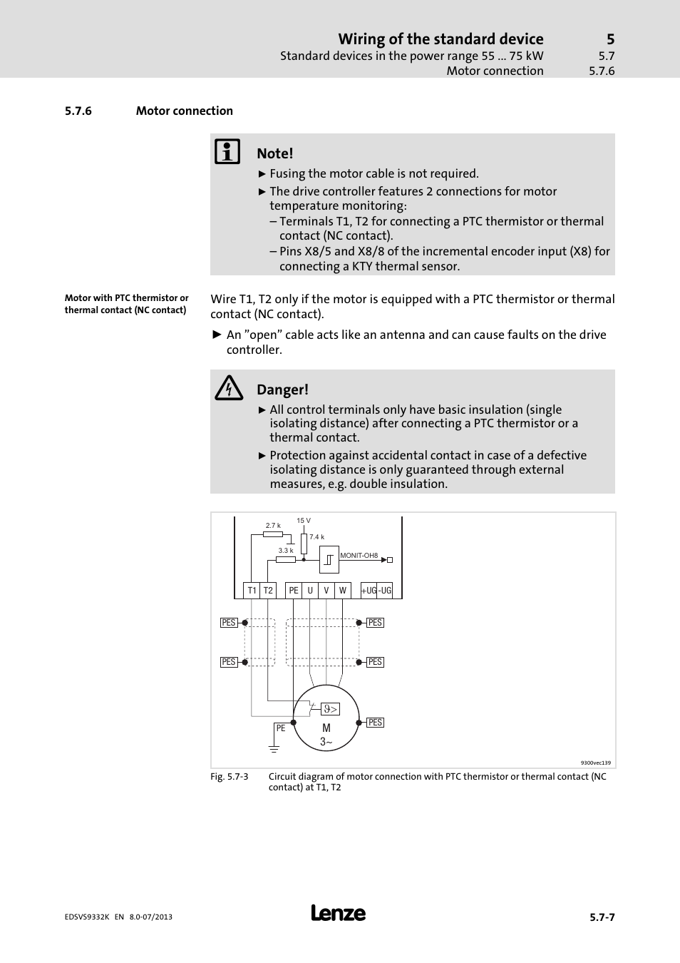 Motor connection, Wiring of the standard device, Danger | Lenze EVS9332xK User Manual | Page 137 / 467