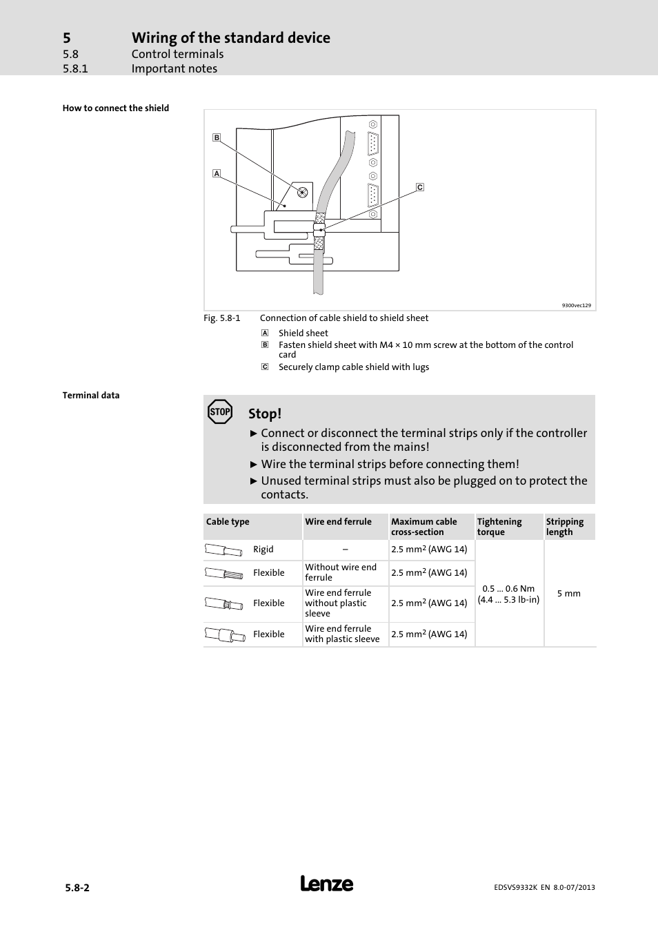 Wiring of the standard device, Stop | Lenze EVS9332xK User Manual | Page 142 / 467