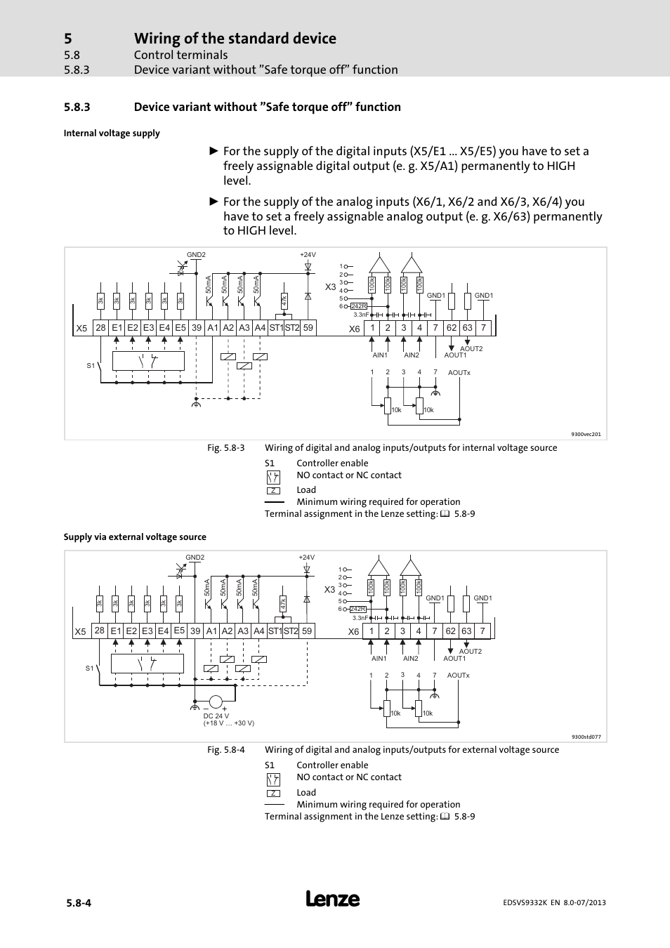 Device variant without "safe torque off" function, Wiring of the standard device | Lenze EVS9332xK User Manual | Page 144 / 467