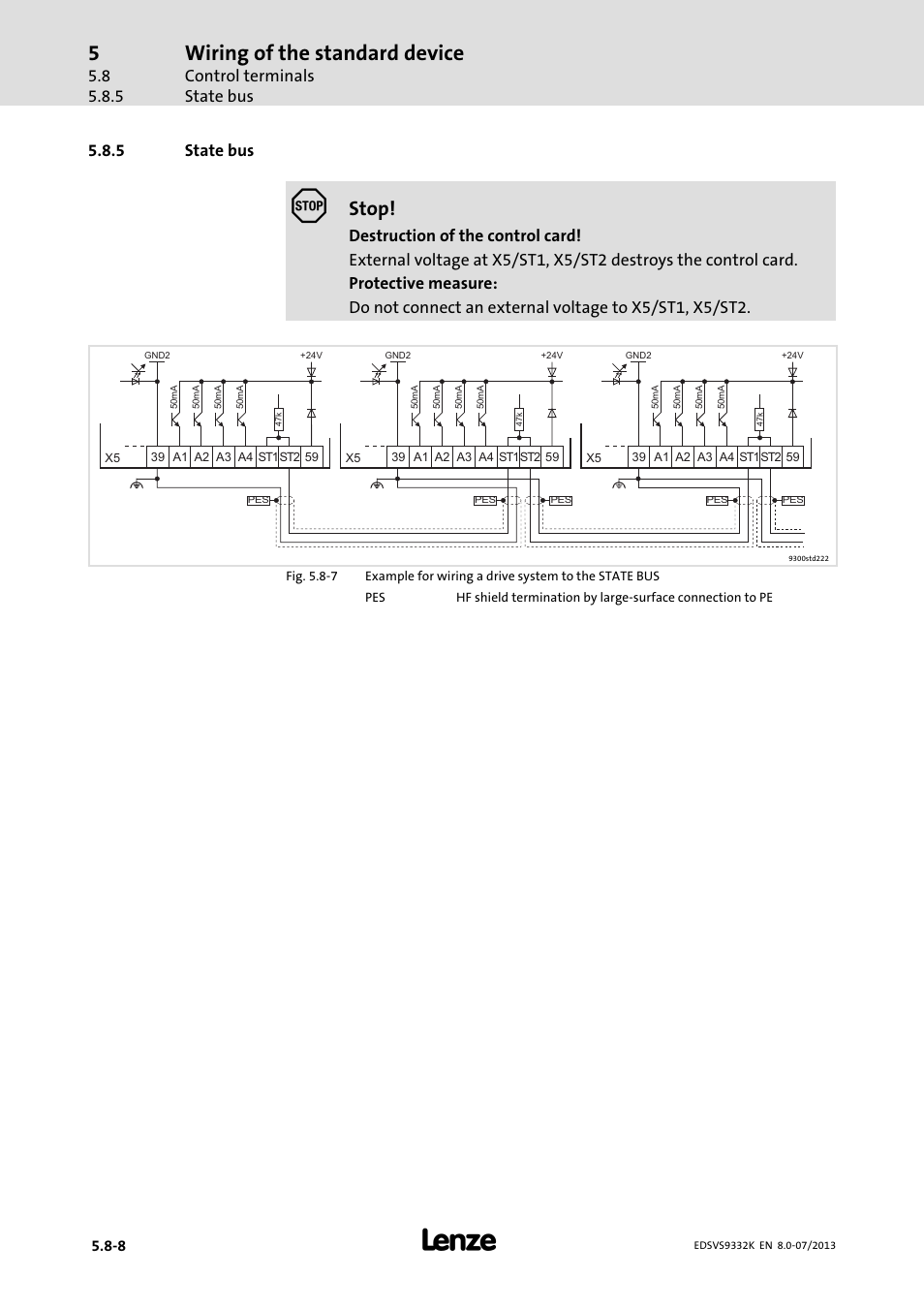 State bus, Wiring of the standard device, Stop | Control terminals state bus, 5 state bus | Lenze EVS9332xK User Manual | Page 148 / 467