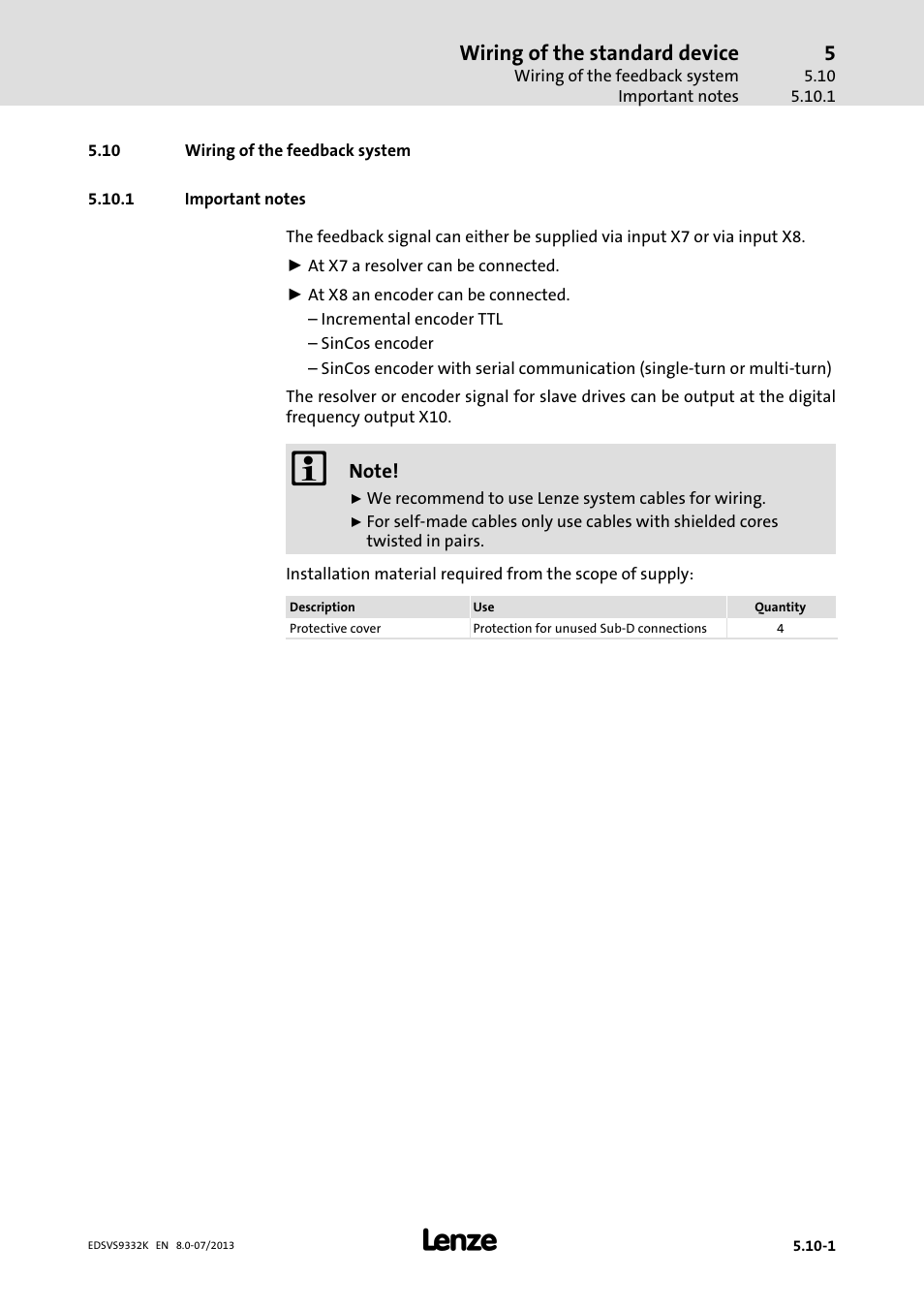 Wiring of the feedback system, Important notes, Wiring of the standard device | Lenze EVS9332xK User Manual | Page 155 / 467