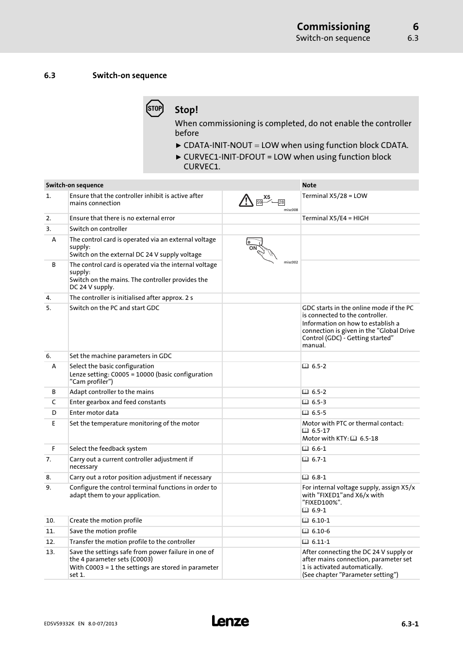 Switch-on sequence, Switch−on sequence, Commissioning | Stop | Lenze EVS9332xK User Manual | Page 169 / 467