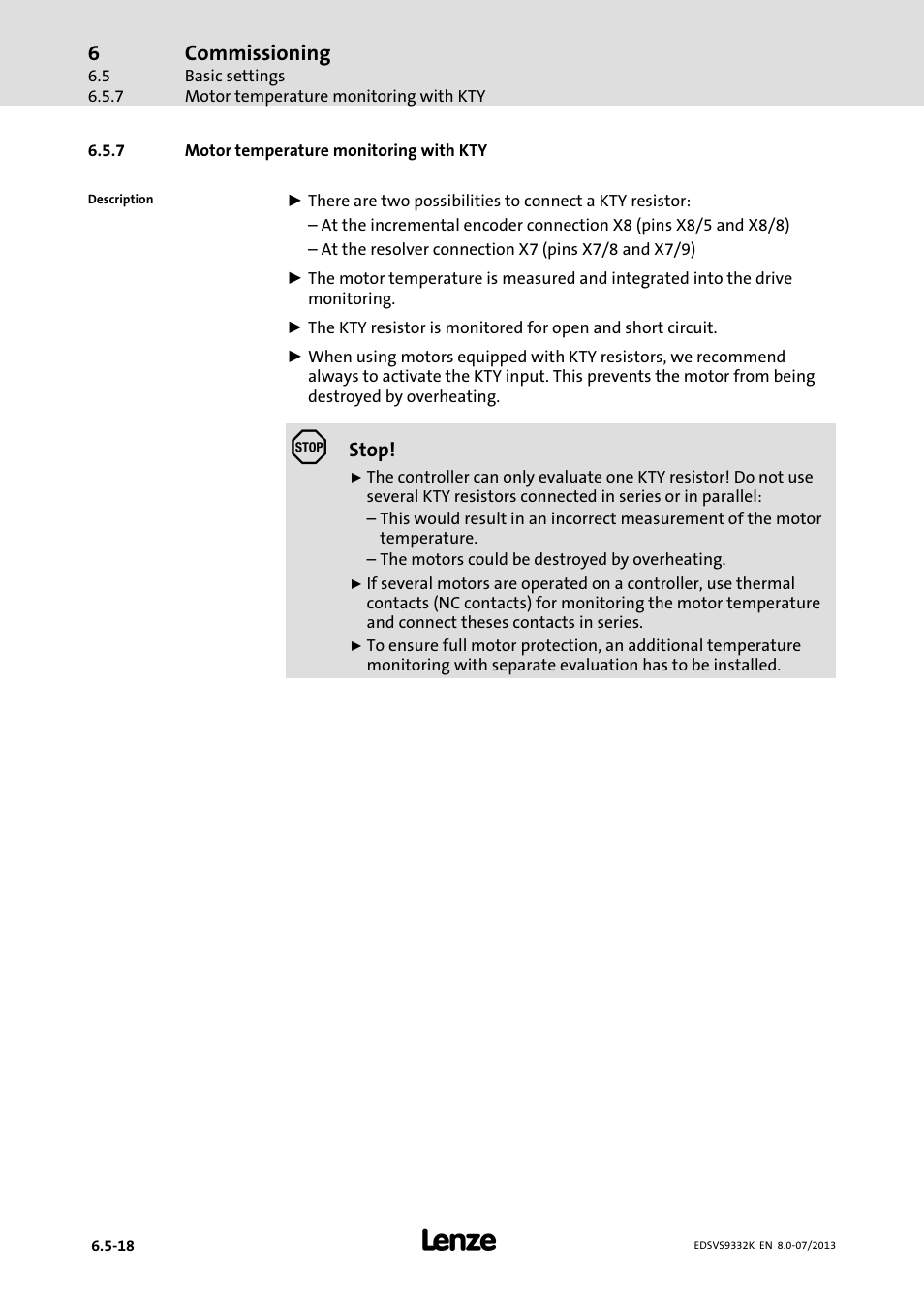 Motor temperature monitoring with kty | Lenze EVS9332xK User Manual | Page 190 / 467