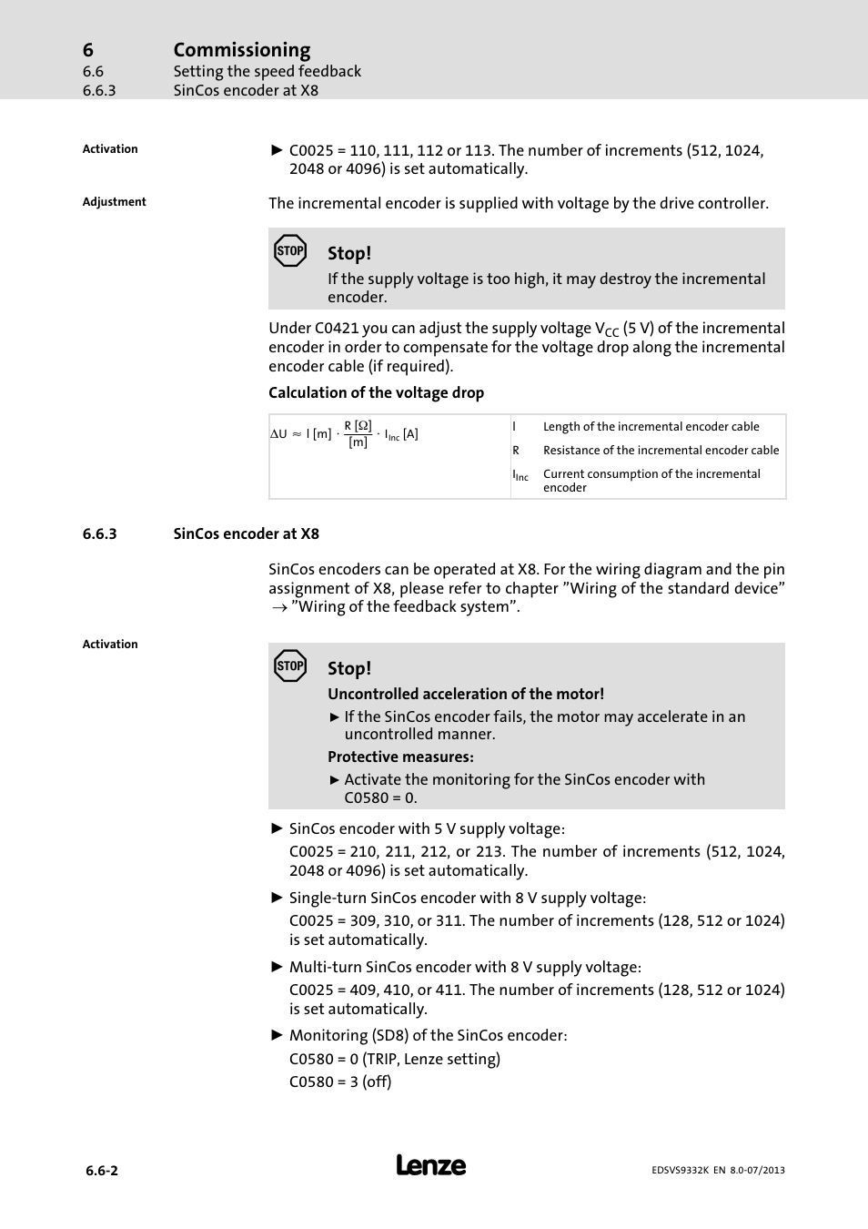 Sincos encoder at x8, Commissioning | Lenze EVS9332xK User Manual | Page 194 / 467