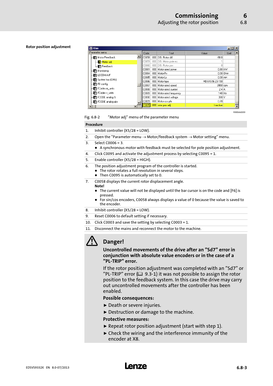 Commissioning, Danger | Lenze EVS9332xK User Manual | Page 203 / 467