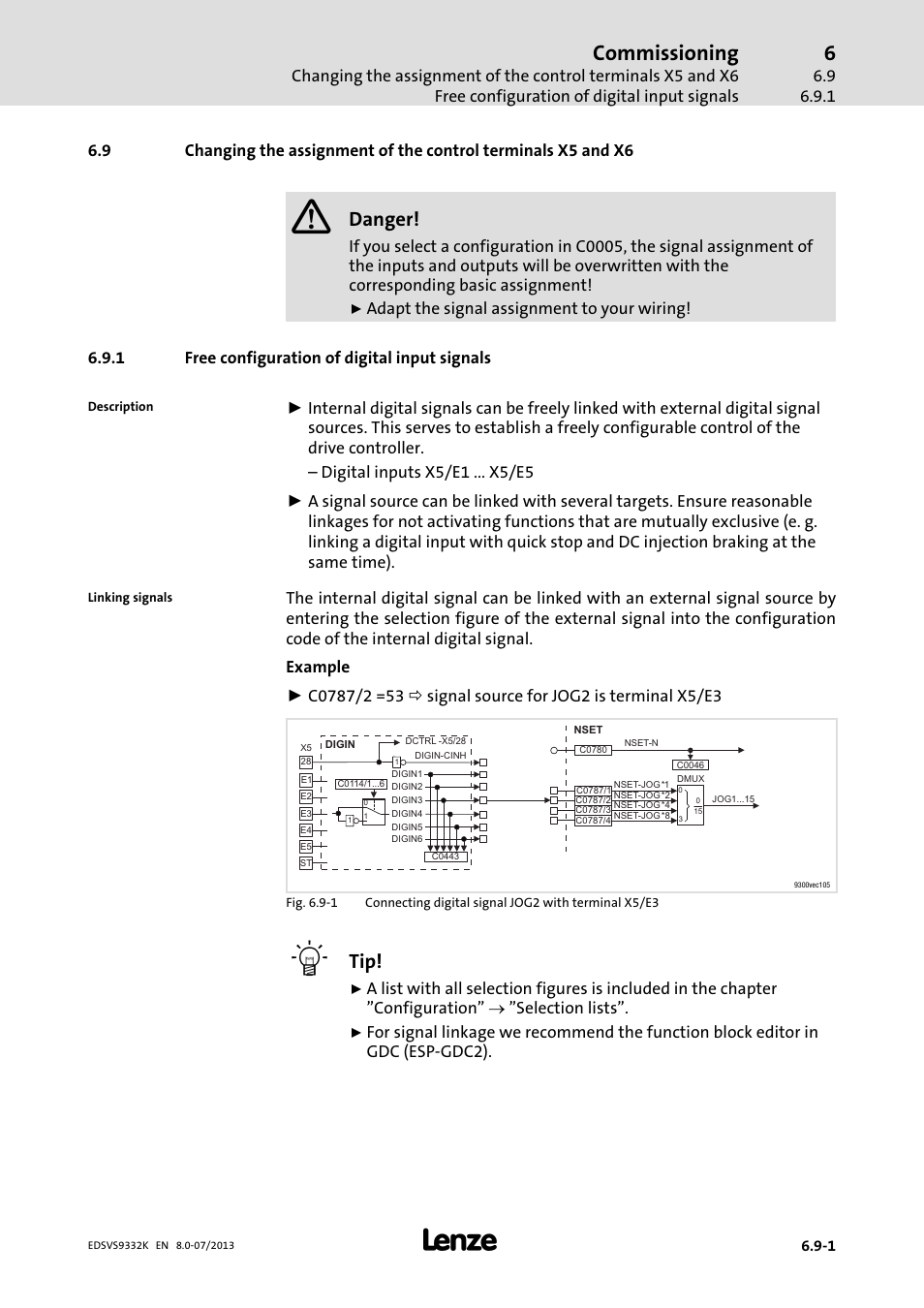 Free configuration of digital input signals, Commissioning, Danger | Lenze EVS9332xK User Manual | Page 205 / 467