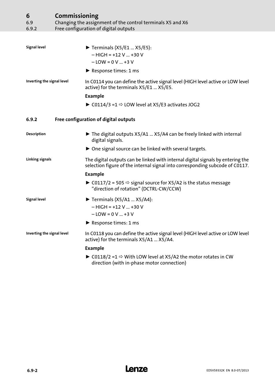 Free configuration of digital outputs, Commissioning | Lenze EVS9332xK User Manual | Page 206 / 467