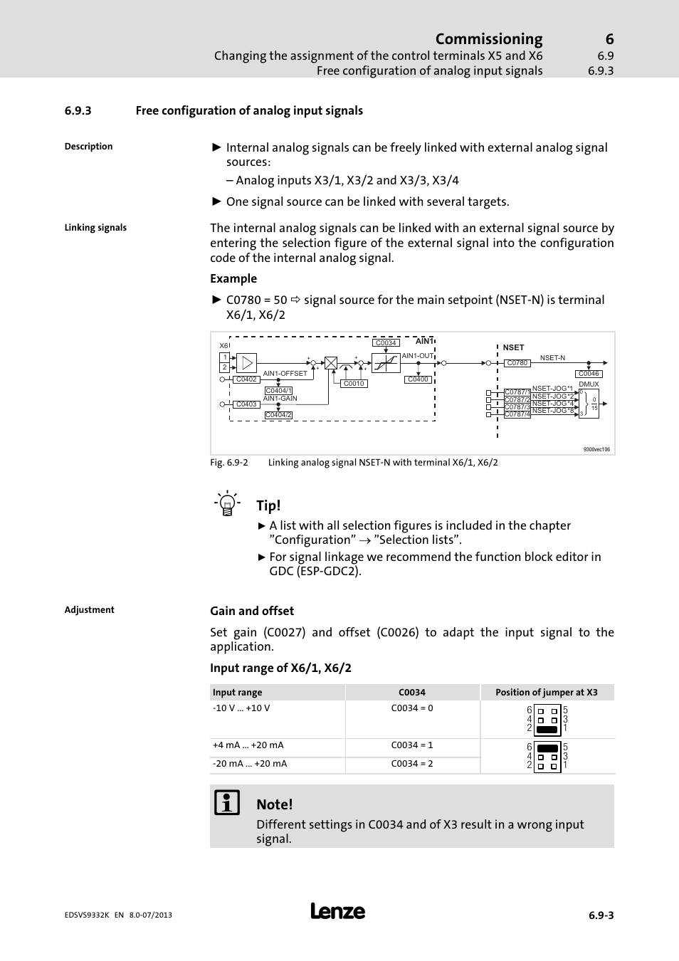 Free configuration of analog input signals, Commissioning | Lenze EVS9332xK User Manual | Page 207 / 467