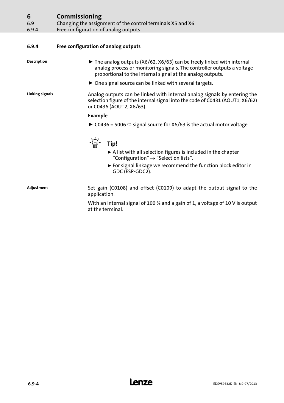 Free configuration of analog outputs, Commissioning | Lenze EVS9332xK User Manual | Page 208 / 467