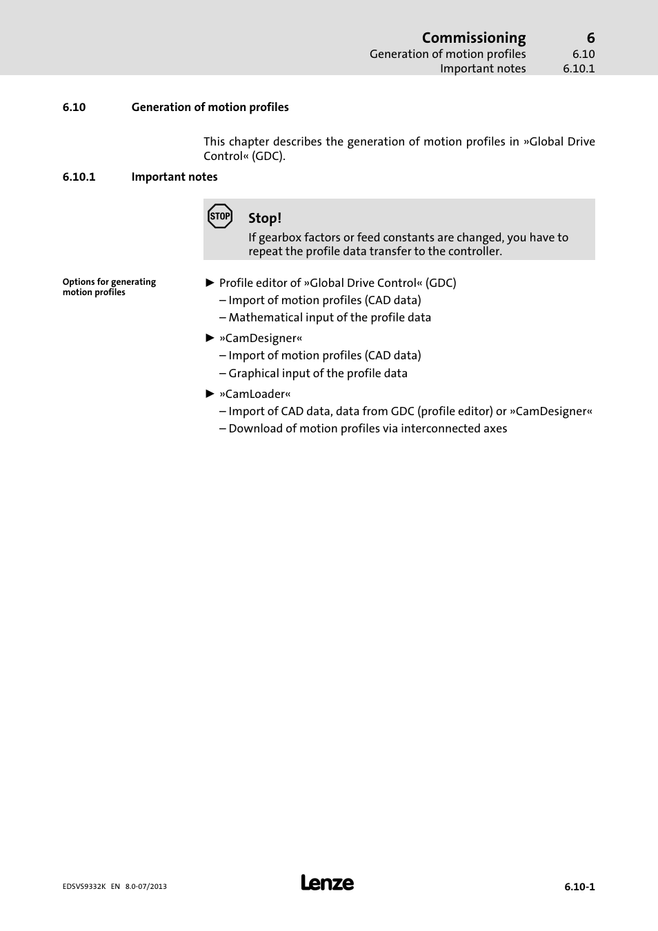 Generation of motion profiles, Important notes | Lenze EVS9332xK User Manual | Page 209 / 467