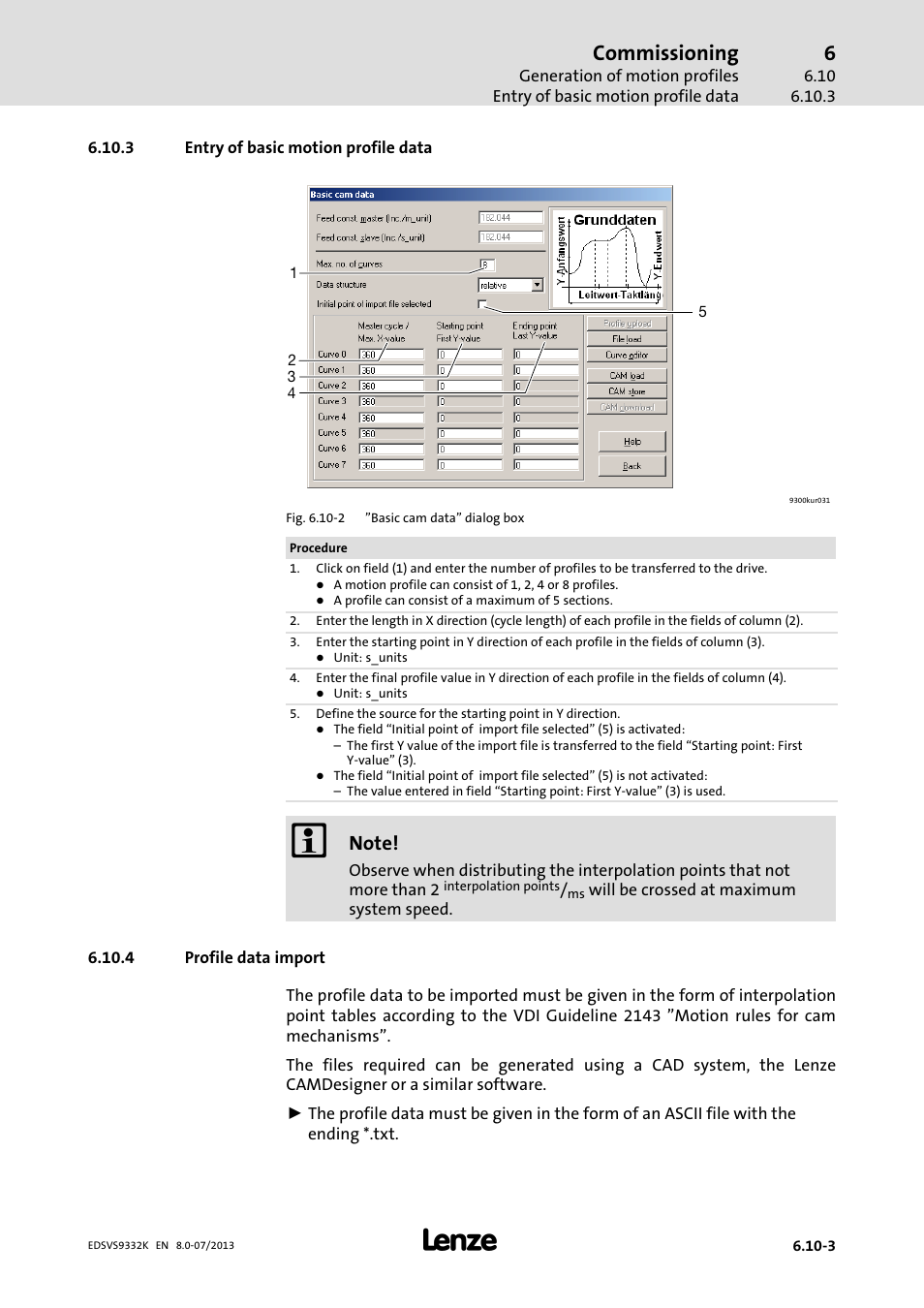 Entry of basic motion profile data, Profile data import, Commissioning | Lenze EVS9332xK User Manual | Page 211 / 467