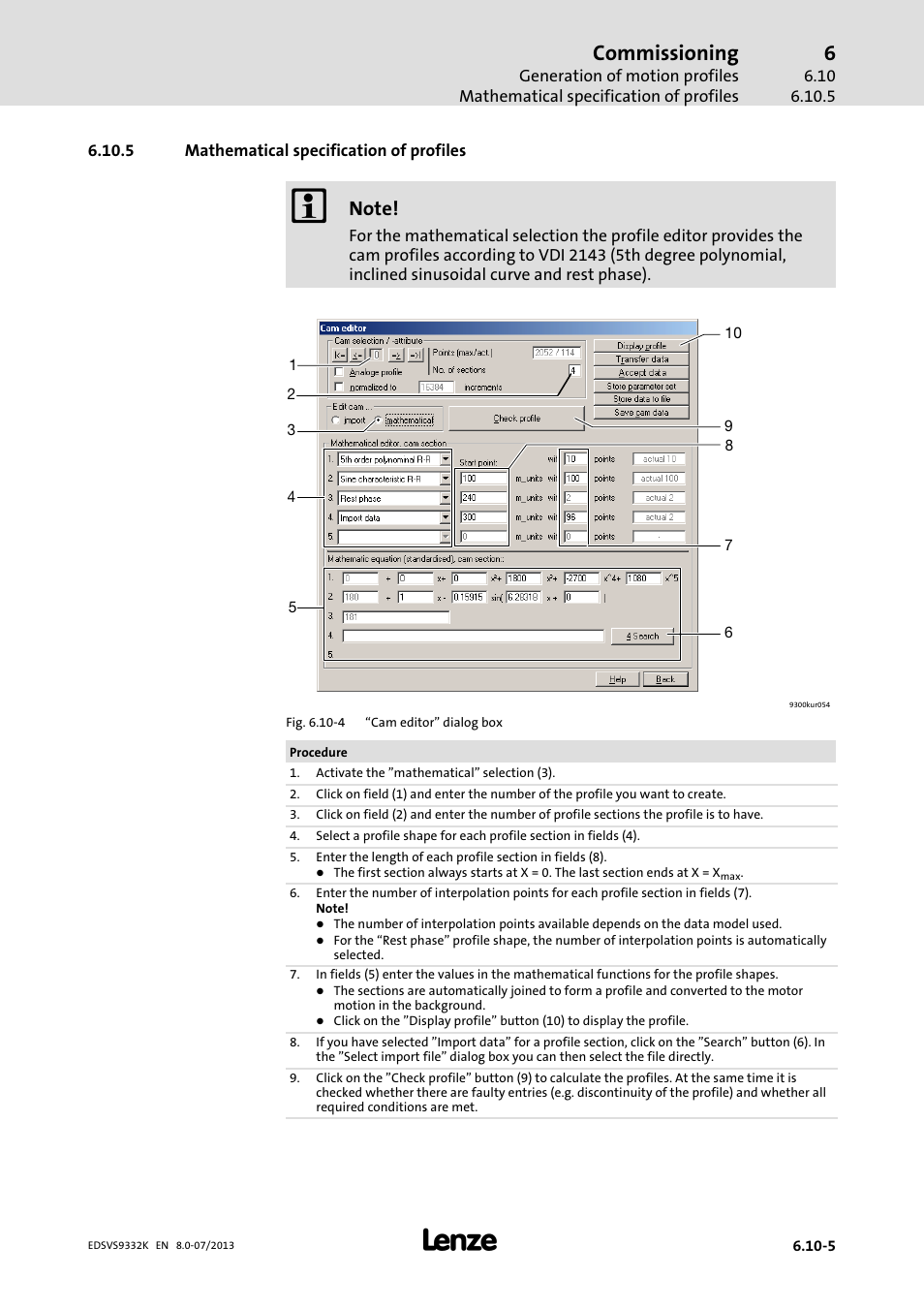 Mathematical specification of profiles, Commissioning | Lenze EVS9332xK User Manual | Page 213 / 467