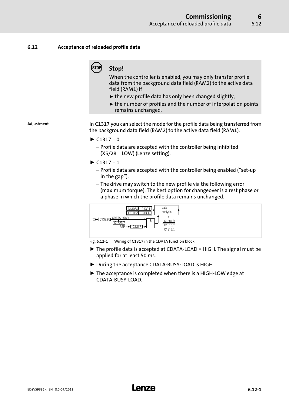 Acceptance of reloaded profile data, Commissioning, Stop | Lenze EVS9332xK User Manual | Page 227 / 467
