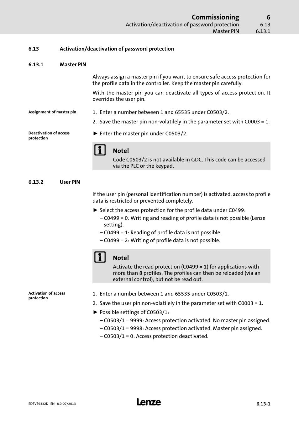 Activation/deactivation of password protection, Master pin, User pin | Lenze EVS9332xK User Manual | Page 229 / 467