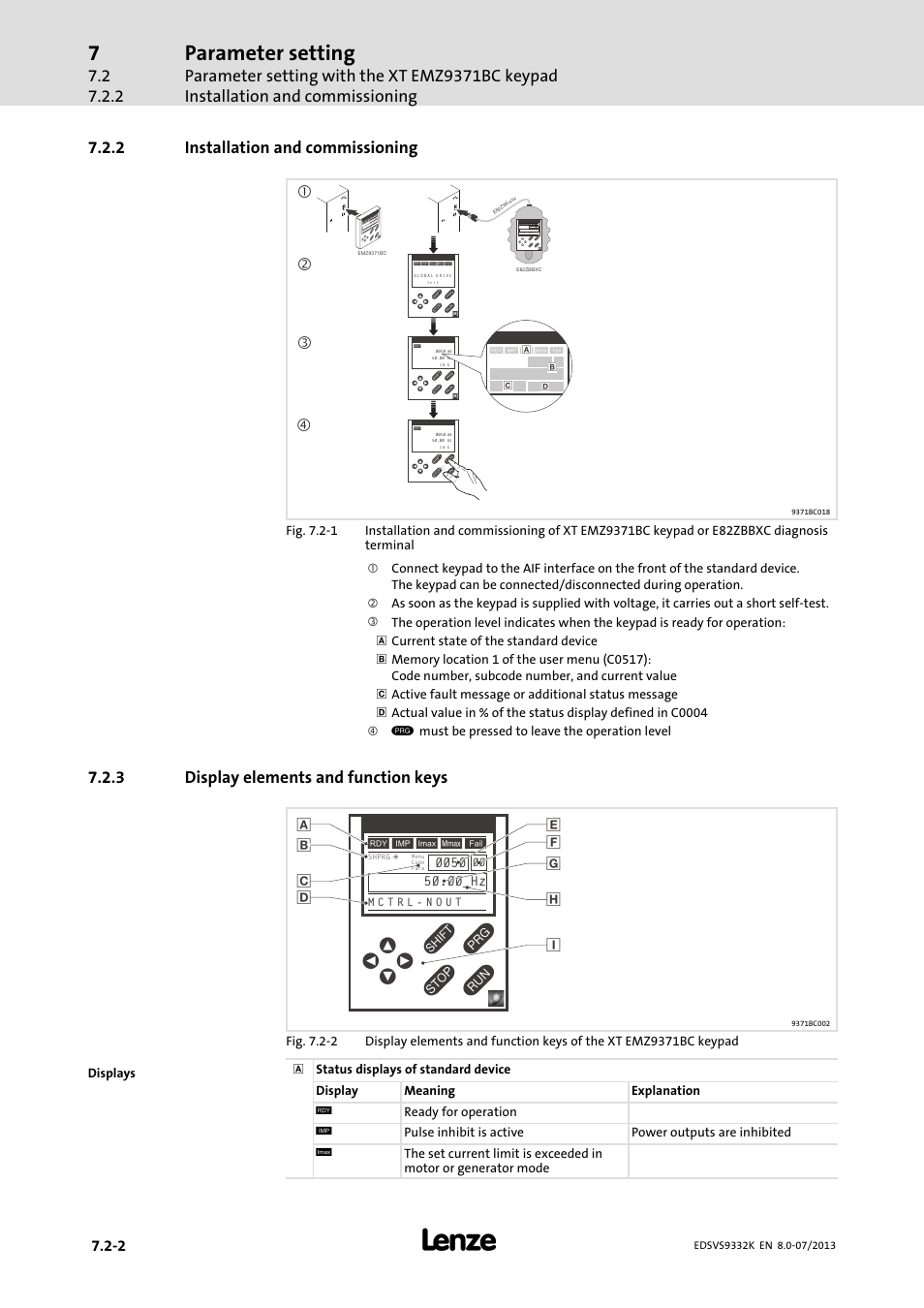 Installation and commissioning, Display elements and function keys, Parameter setting | 2 installation and commissioning, 3 display elements and function keys, Da b b c, Pshprg para code menu, Para code menu | Lenze EVS9332xK User Manual | Page 244 / 467