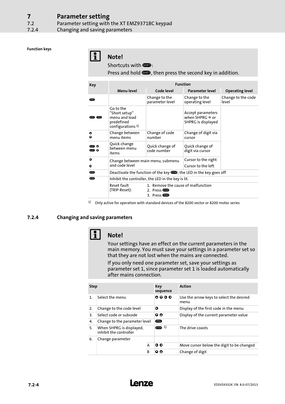 Changing and saving parameters, Parameter setting | Lenze EVS9332xK User Manual | Page 246 / 467