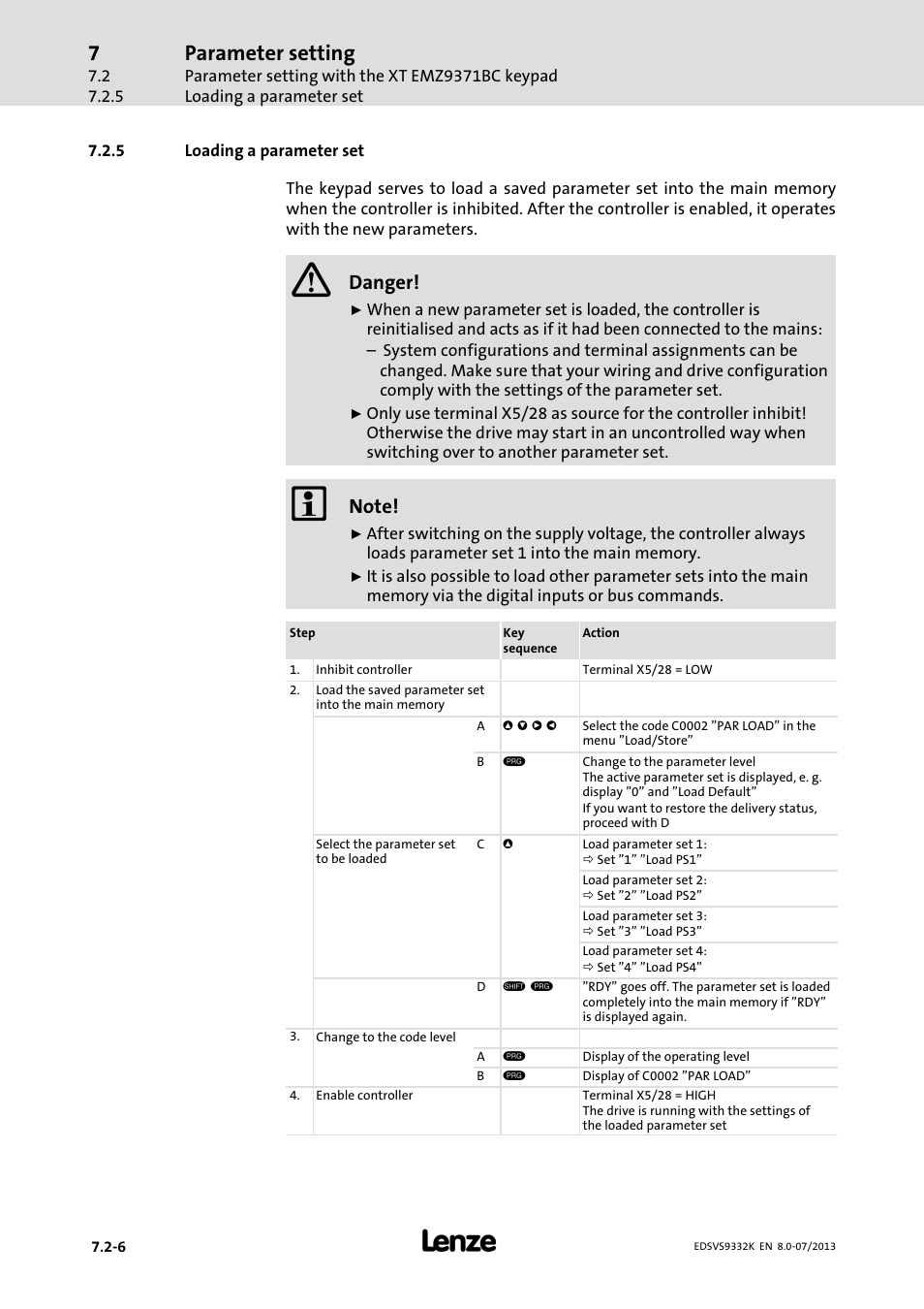 Loading a parameter set, Parameter setting, Danger | Lenze EVS9332xK User Manual | Page 248 / 467