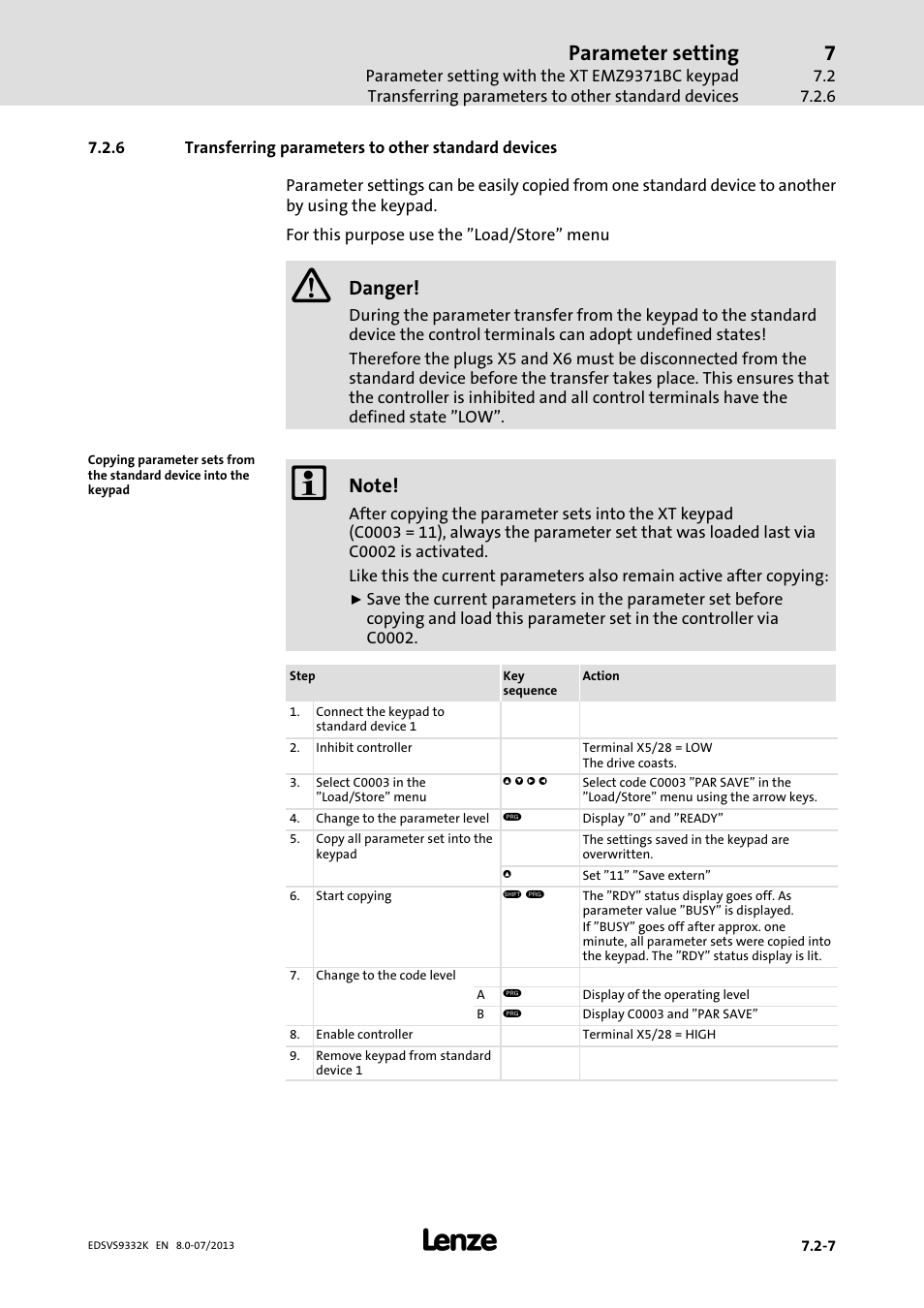 Transferring parameters to other standard devices, Parameter setting, Danger | Lenze EVS9332xK User Manual | Page 249 / 467