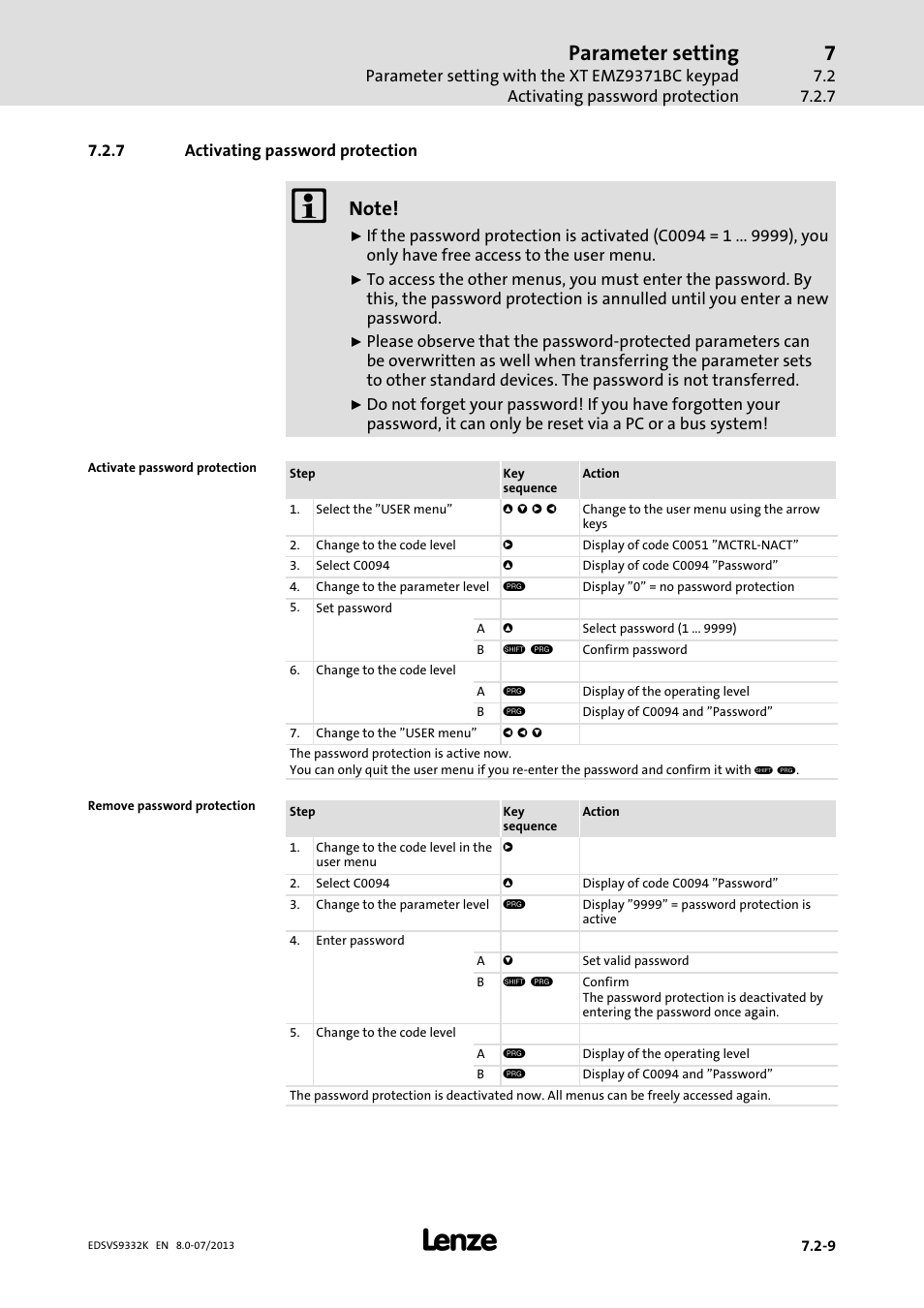 Activating password protection, Parameter setting | Lenze EVS9332xK User Manual | Page 251 / 467