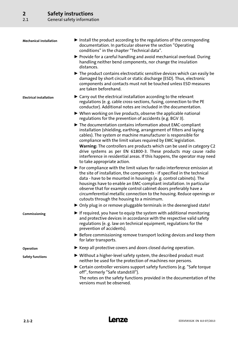 Safety instructions | Lenze EVS9332xK User Manual | Page 26 / 467