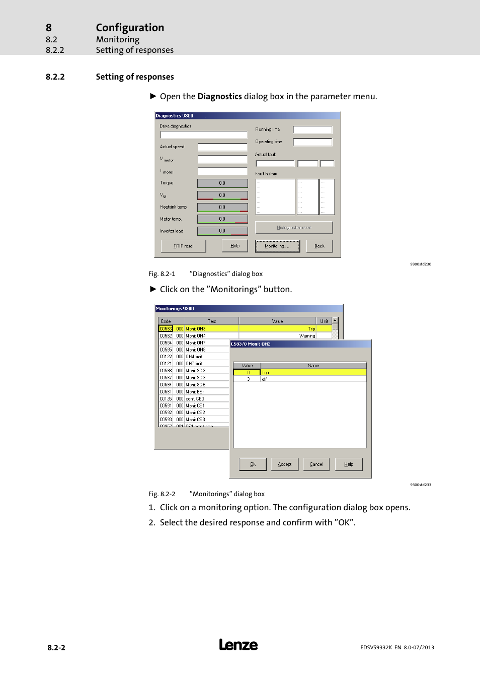 Setting of responses, Configuration | Lenze EVS9332xK User Manual | Page 260 / 467