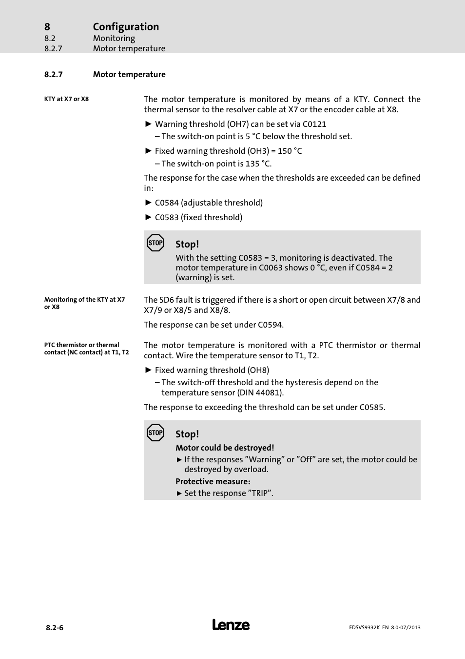 Motor temperature | Lenze EVS9332xK User Manual | Page 264 / 467