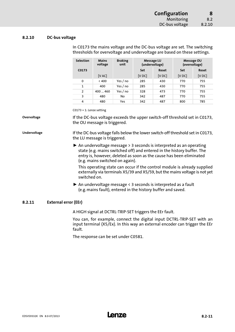 Dc-bus voltage, External error (eer), Dc−bus voltage | Configuration | Lenze EVS9332xK User Manual | Page 269 / 467