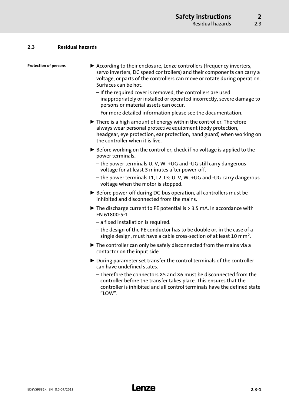 Residual hazards, Safety instructions | Lenze EVS9332xK User Manual | Page 33 / 467