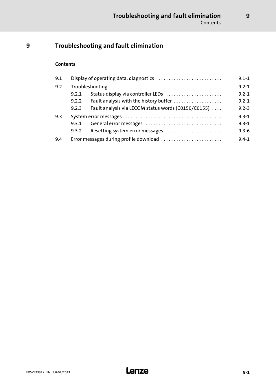 Troubleshooting and fault elimination, 9troubleshooting and fault elimination | Lenze EVS9332xK User Manual | Page 393 / 467