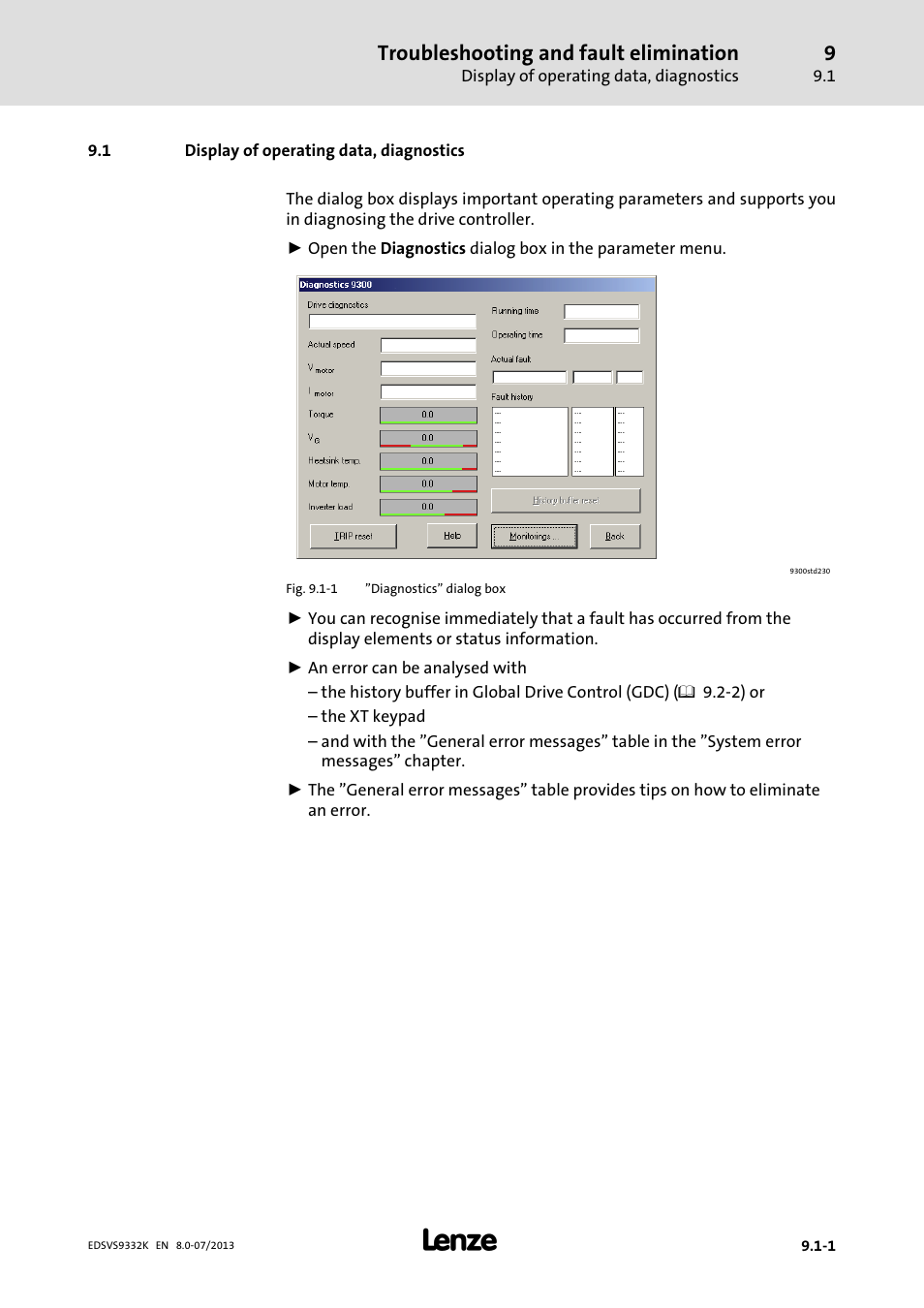 Display of operating data, diagnostics, Troubleshooting and fault elimination | Lenze EVS9332xK User Manual | Page 395 / 467