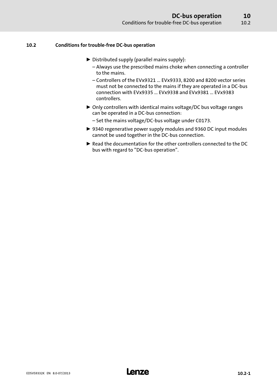 Conditions for trouble-free dc-bus operation, Conditions for trouble−free dc−bus operation | Lenze EVS9332xK User Manual | Page 415 / 467