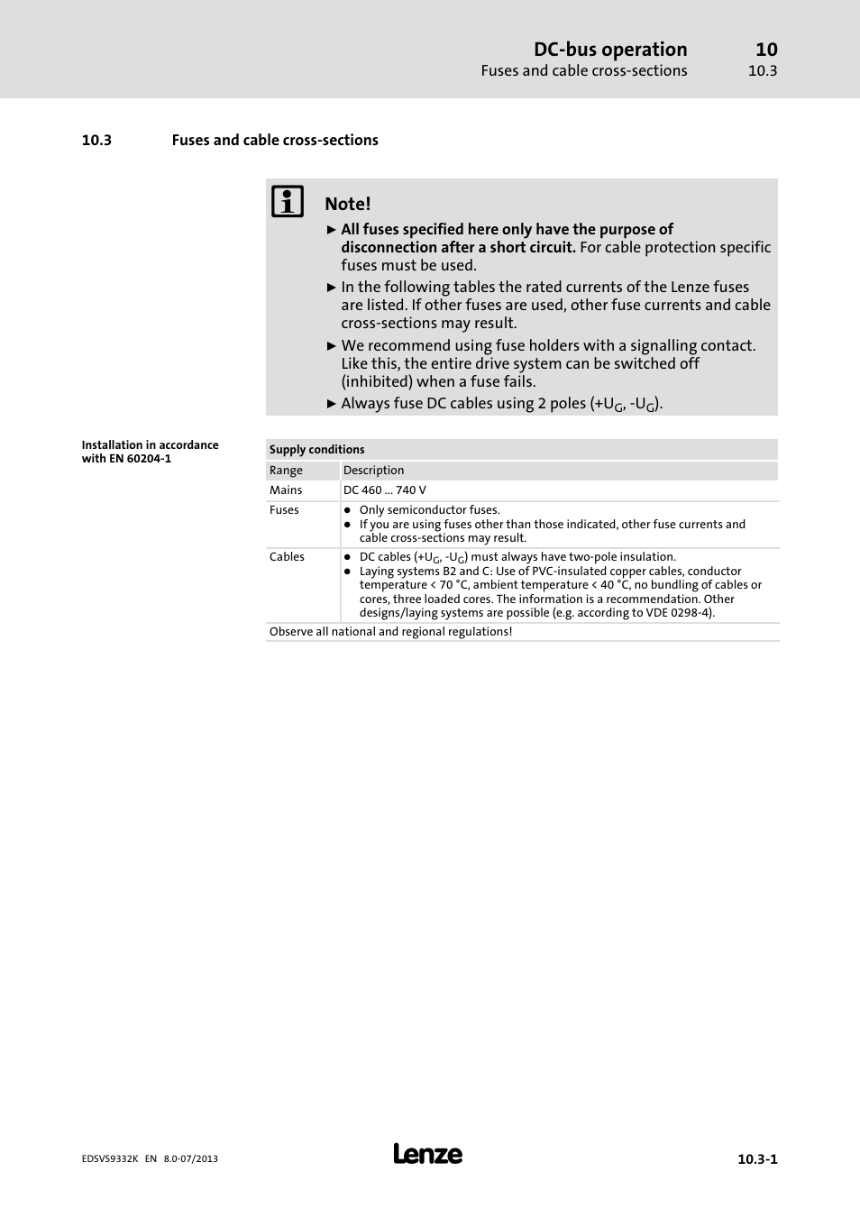Fuses and cable cross-sections, Fuses and cable cross−sections, Dc−bus operation | Lenze EVS9332xK User Manual | Page 417 / 467