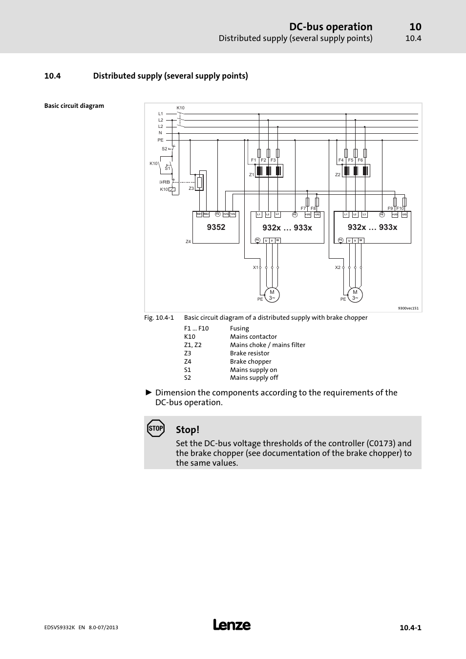 Distributed supply (several supply points), Dc−bus operation, Stop | 4 distributed supply (several supply points) | Lenze EVS9332xK User Manual | Page 419 / 467