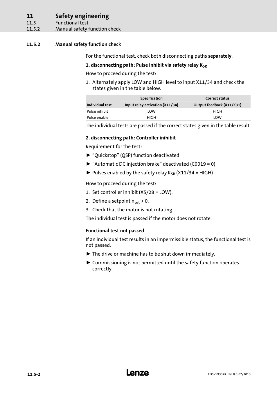 Manual safety function check, Safety engineering | Lenze EVS9332xK User Manual | Page 434 / 467