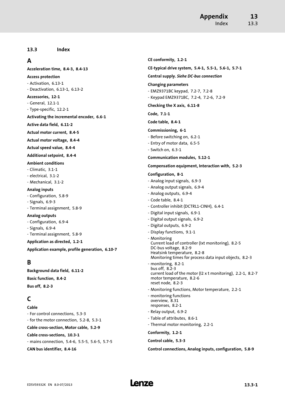 Index, Appendix | Lenze EVS9332xK User Manual | Page 459 / 467