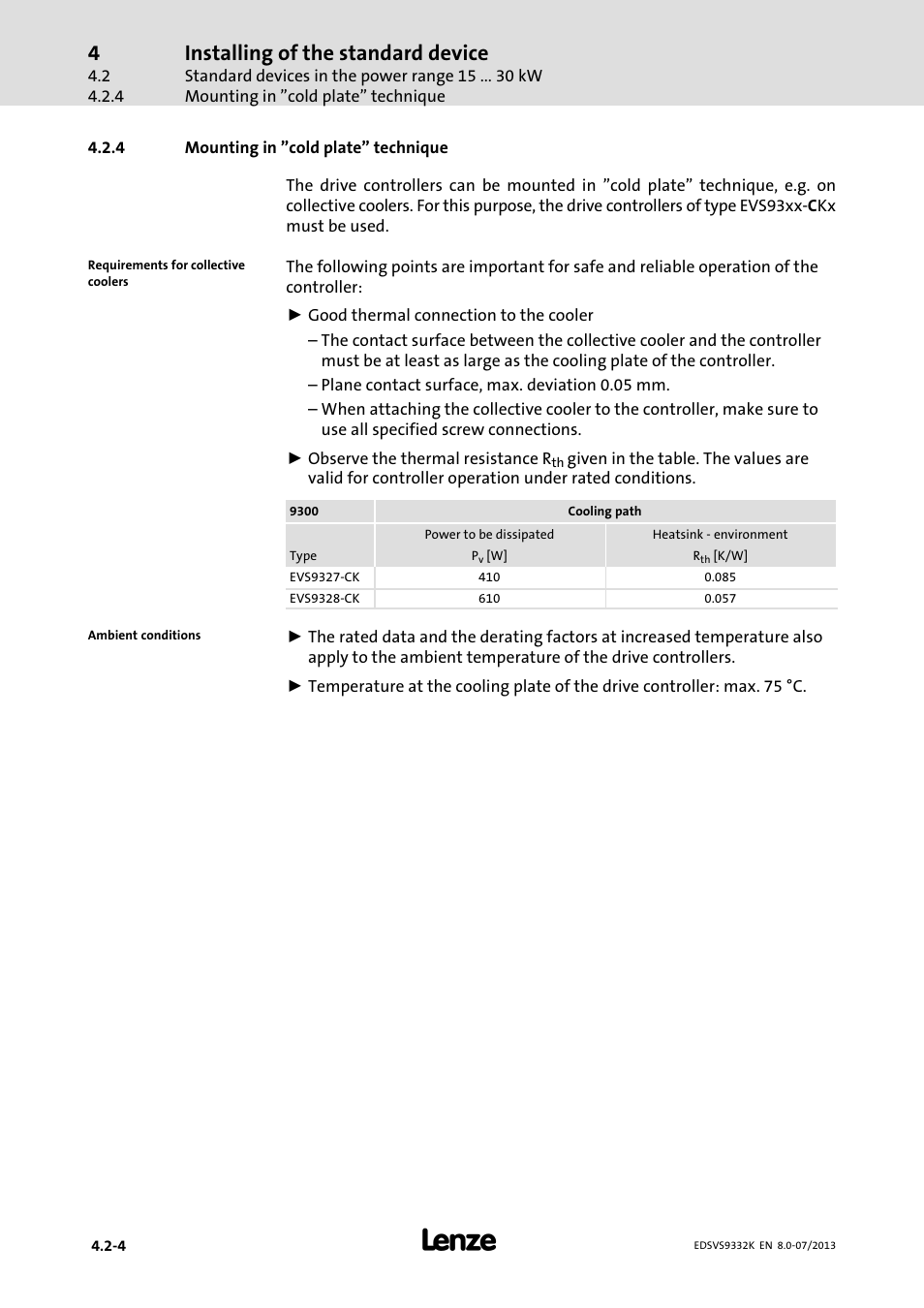 Mounting in "cold plate" technique, Installing of the standard device | Lenze EVS9332xK User Manual | Page 62 / 467