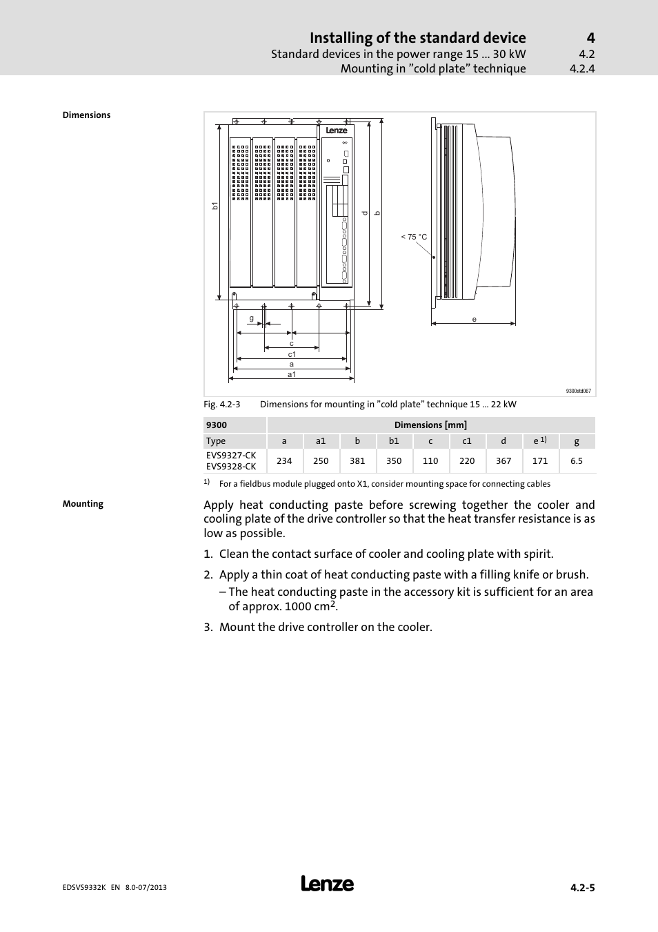 Installing of the standard device | Lenze EVS9332xK User Manual | Page 63 / 467