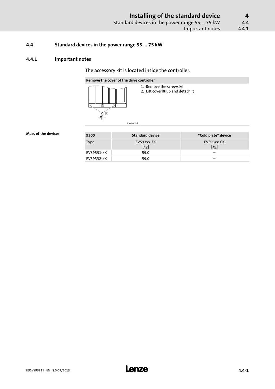 Standard devices in the power range 55 kw, Important notes, Installing of the standard device | Lenze EVS9332xK User Manual | Page 71 / 467