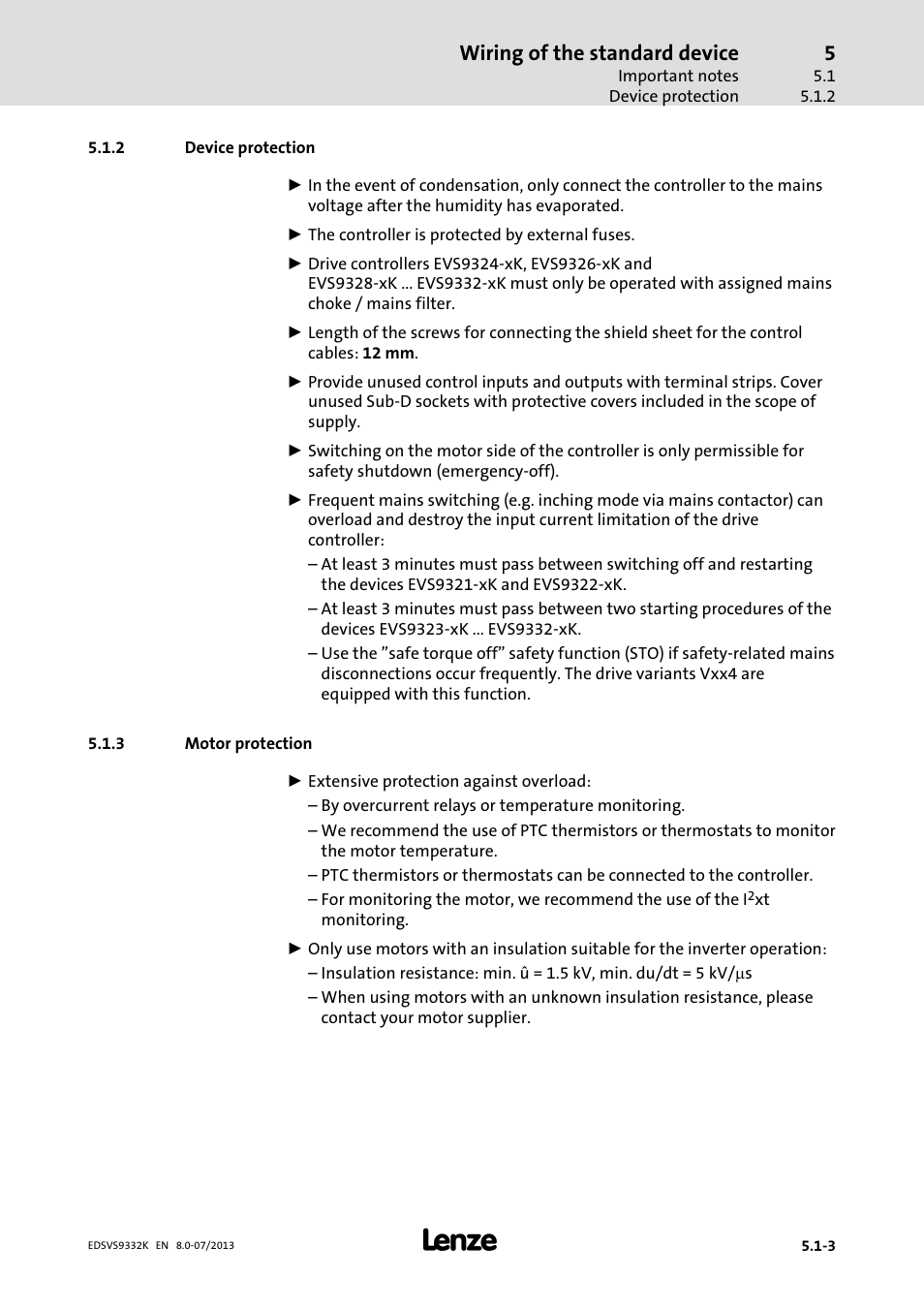 Device protection, Motor protection, Wiring of the standard device | Lenze EVS9332xK User Manual | Page 79 / 467