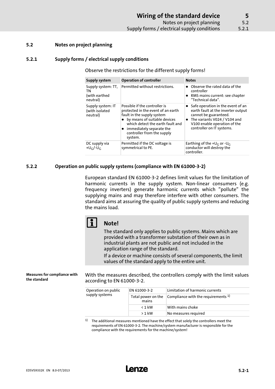 Notes on project planning, Supply forms / electrical supply conditions, Operation on public supply systems (en 61000−3−2) | Wiring of the standard device | Lenze EVS9332xK User Manual | Page 81 / 467