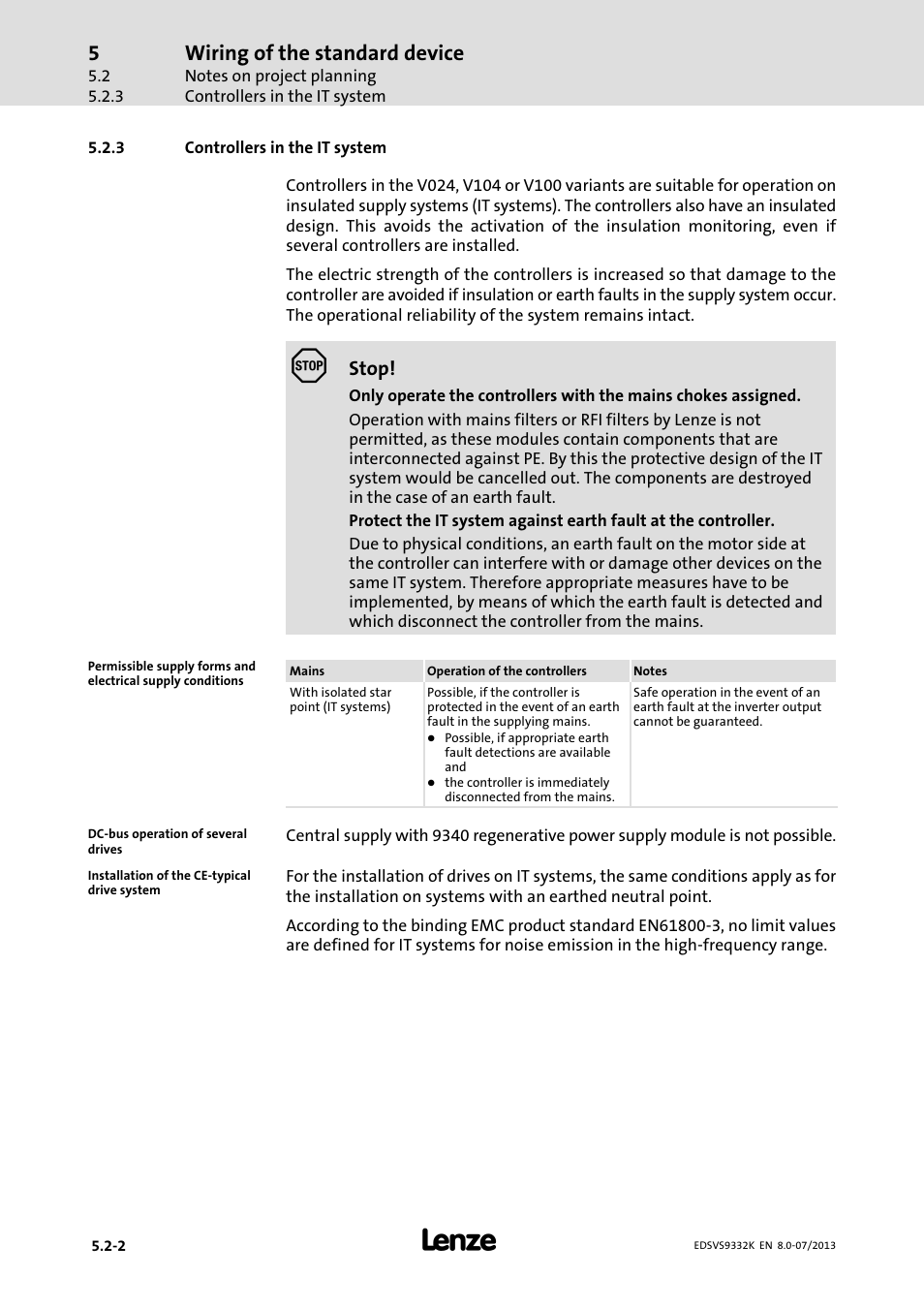 Controllers in the it system, Wiring of the standard device | Lenze EVS9332xK User Manual | Page 82 / 467