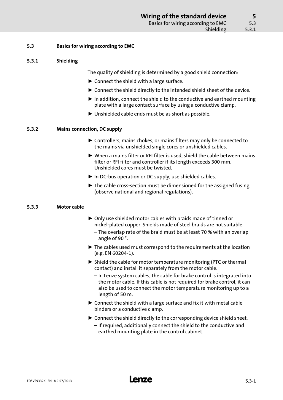 Basics for wiring according to emc, Shielding, Mains connection, dc supply | Motor cable, Wiring of the standard device | Lenze EVS9332xK User Manual | Page 91 / 467