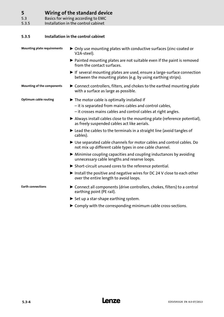 Installation in the control cabinet, Wiring of the standard device | Lenze EVS9332xK User Manual | Page 94 / 467