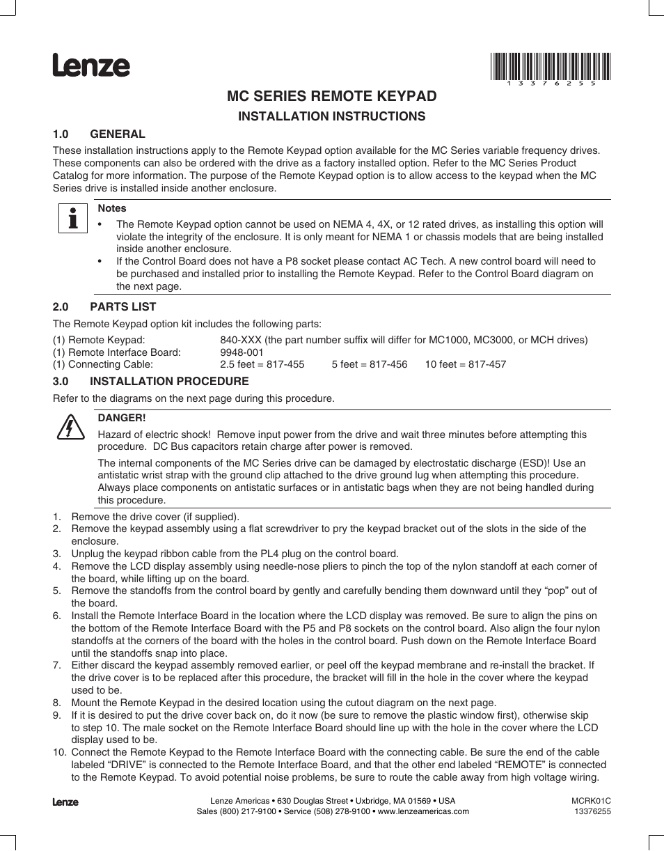 Lenze MC Series remote keypad User Manual | 2 pages