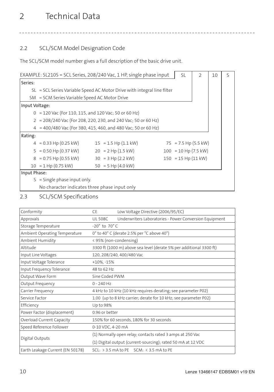 2technical data, 2 scl/scm model designation code, 3 scl/scm specifications | Lenze SL User Manual | Page 10 / 52