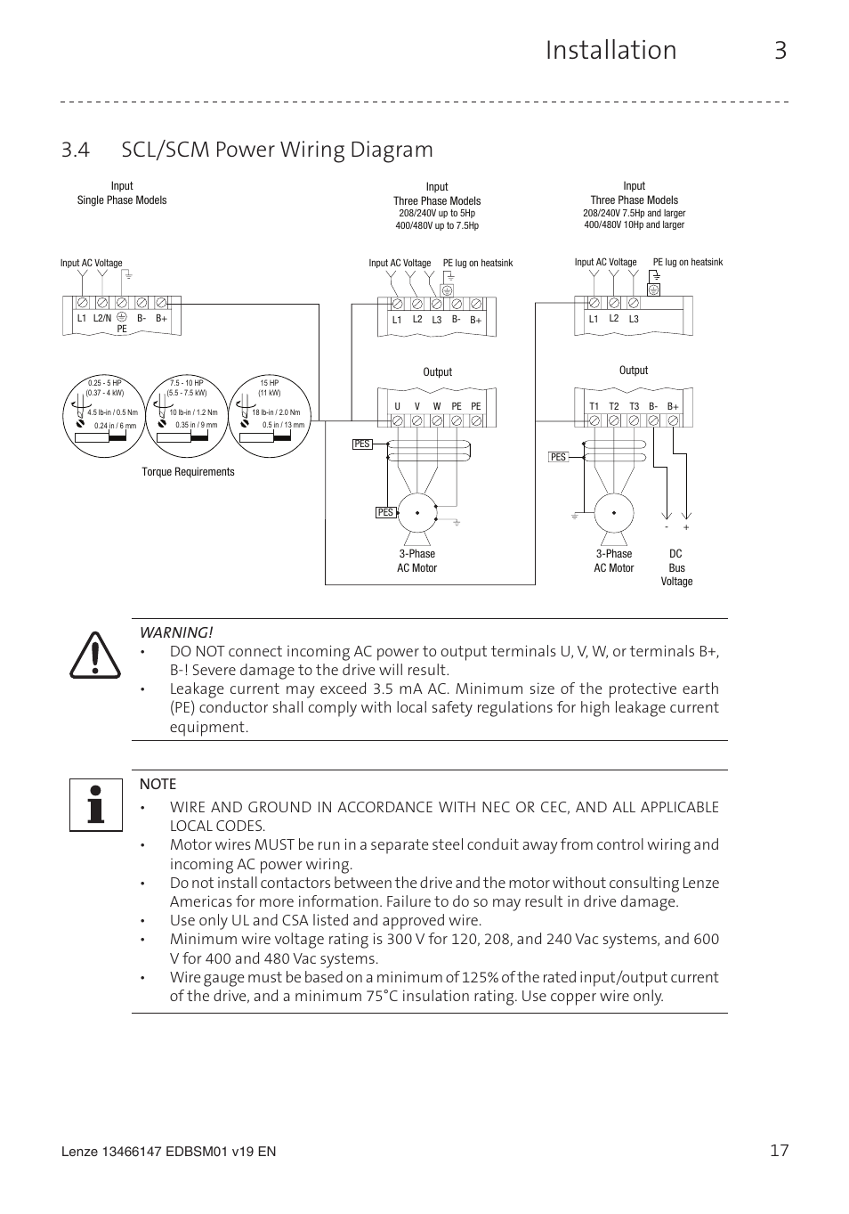 Installation 3, 4 scl/scm power wiring diagram | Lenze SL User Manual | Page 17 / 52